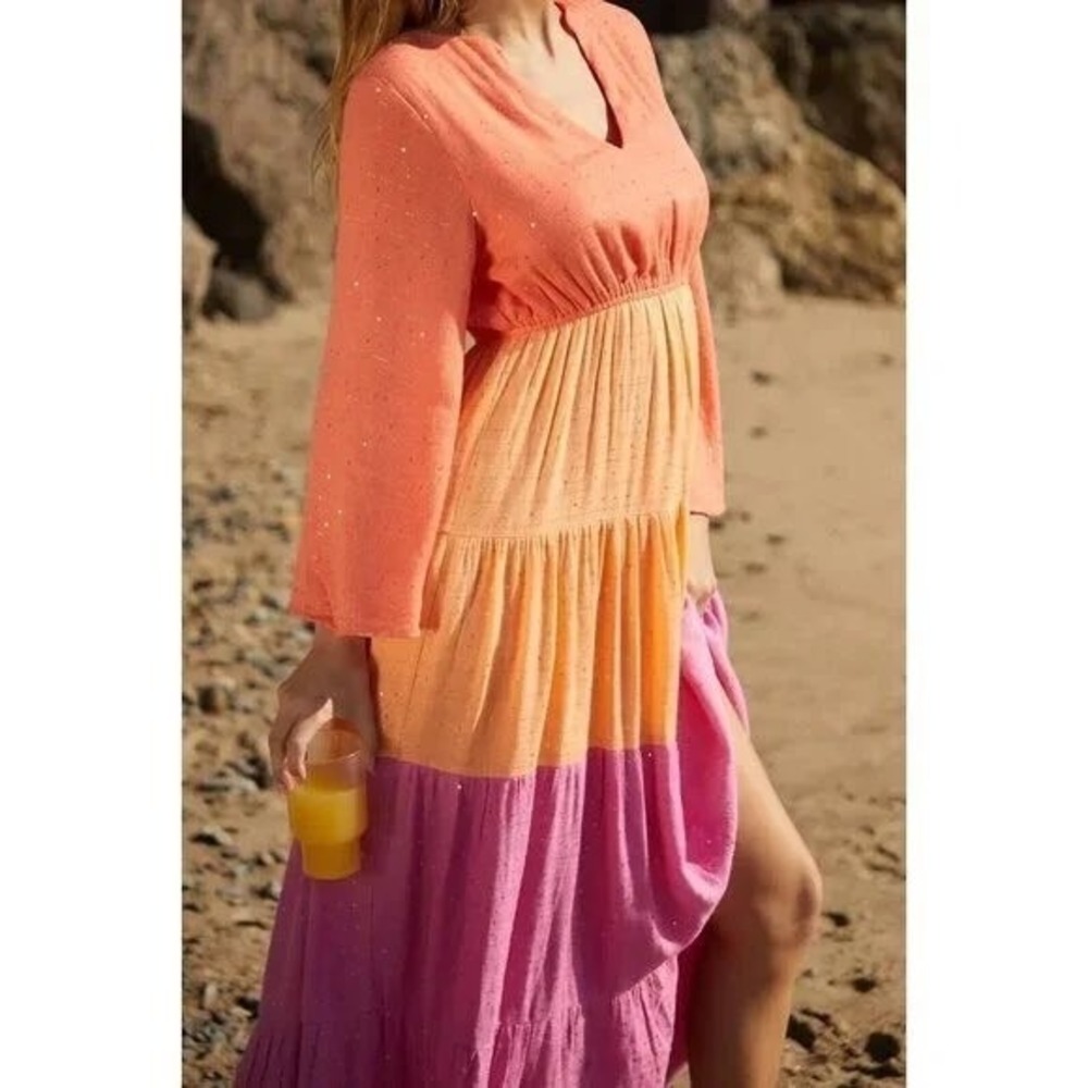 PQ Swim NWT Lila Multicolor Tiered Maxi Dress Sequins Orange Pink-‎ M/L